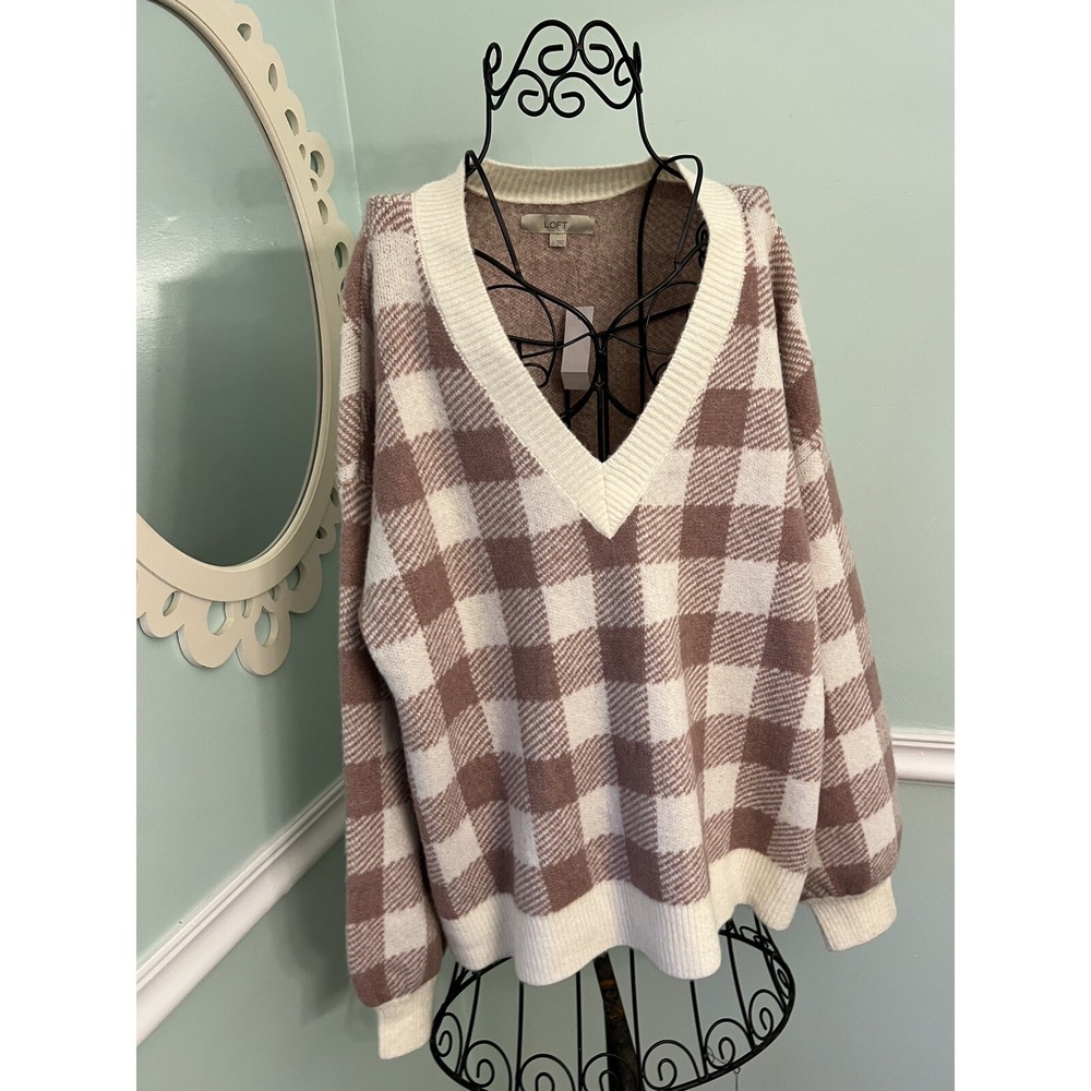 Ann Taylor Loft Sweater Large Plaid Gingham Pink Sweater Sz L V Neck NWT